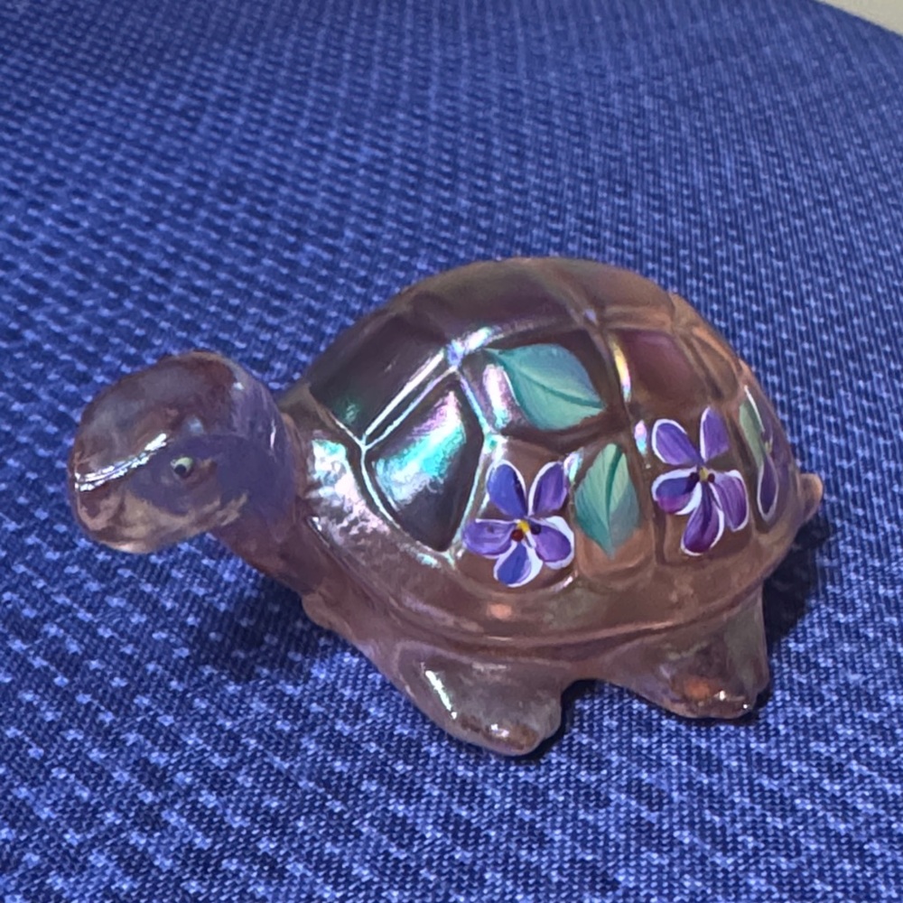 Fenton For Lenox Iridescent Pink Glass Turtle Hand Painted Violets S. Miller